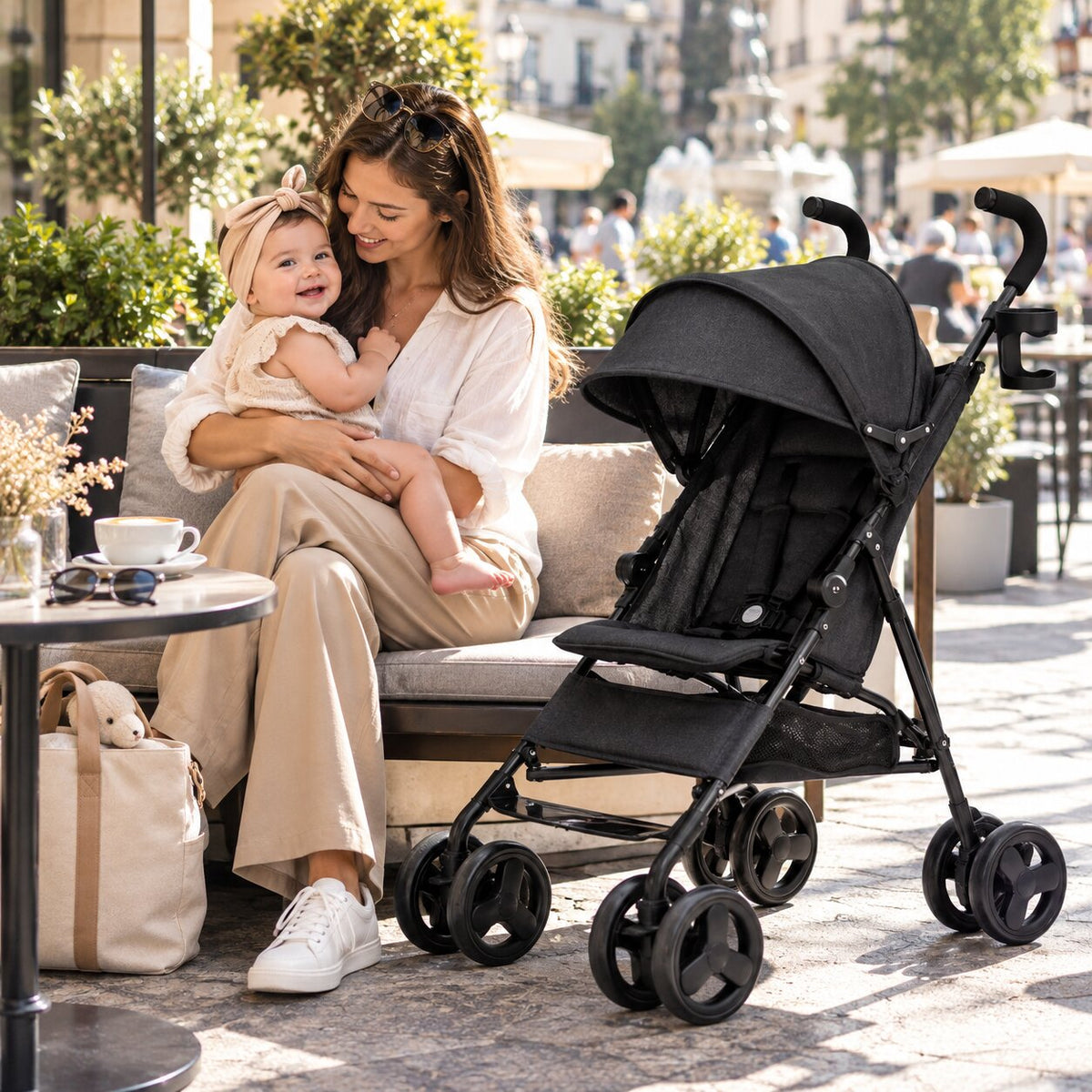 Maman avec son bébé lors d’une pause en ville avec poussette canne noire