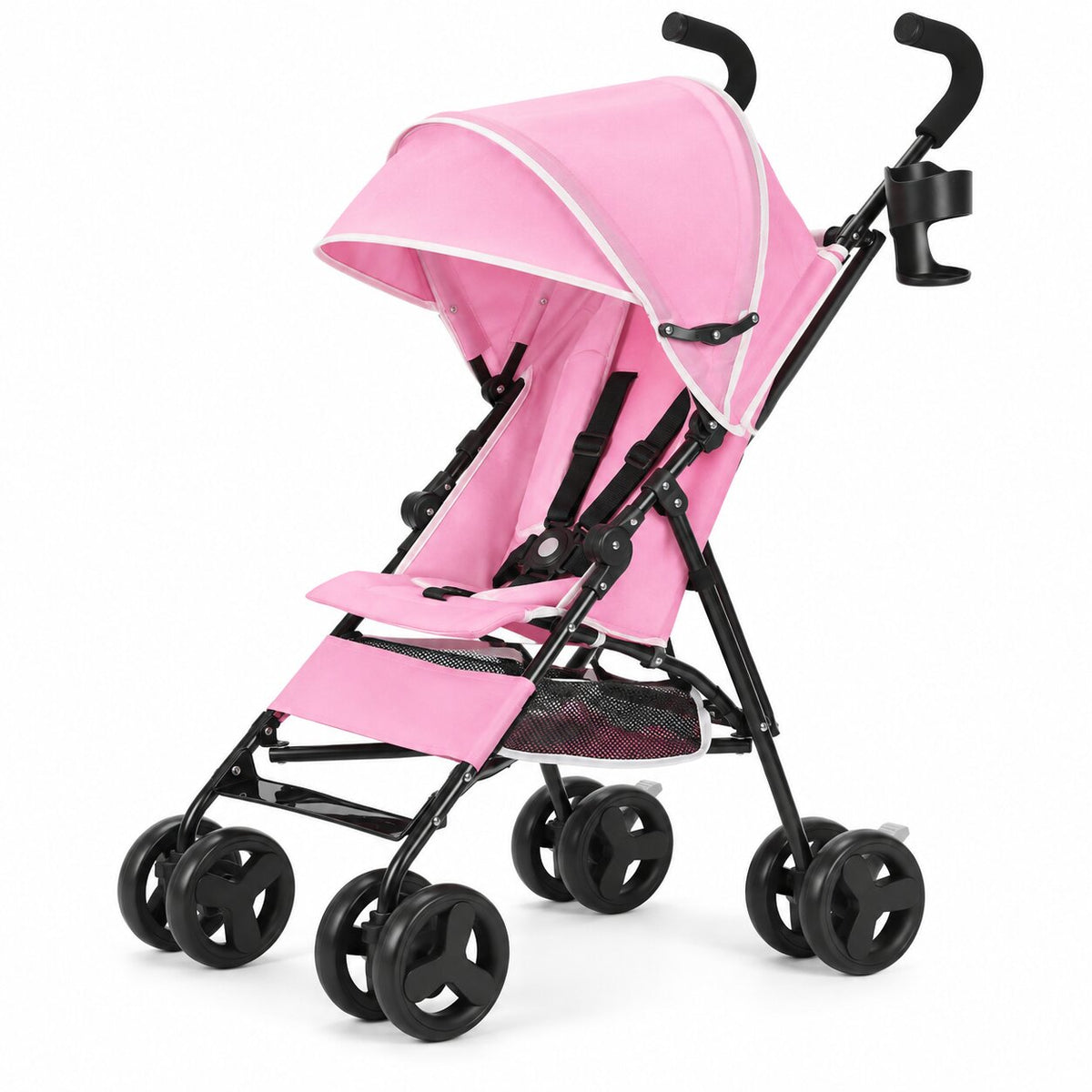 Poussette canne rose légère et pliable avec capote et panier de rangement