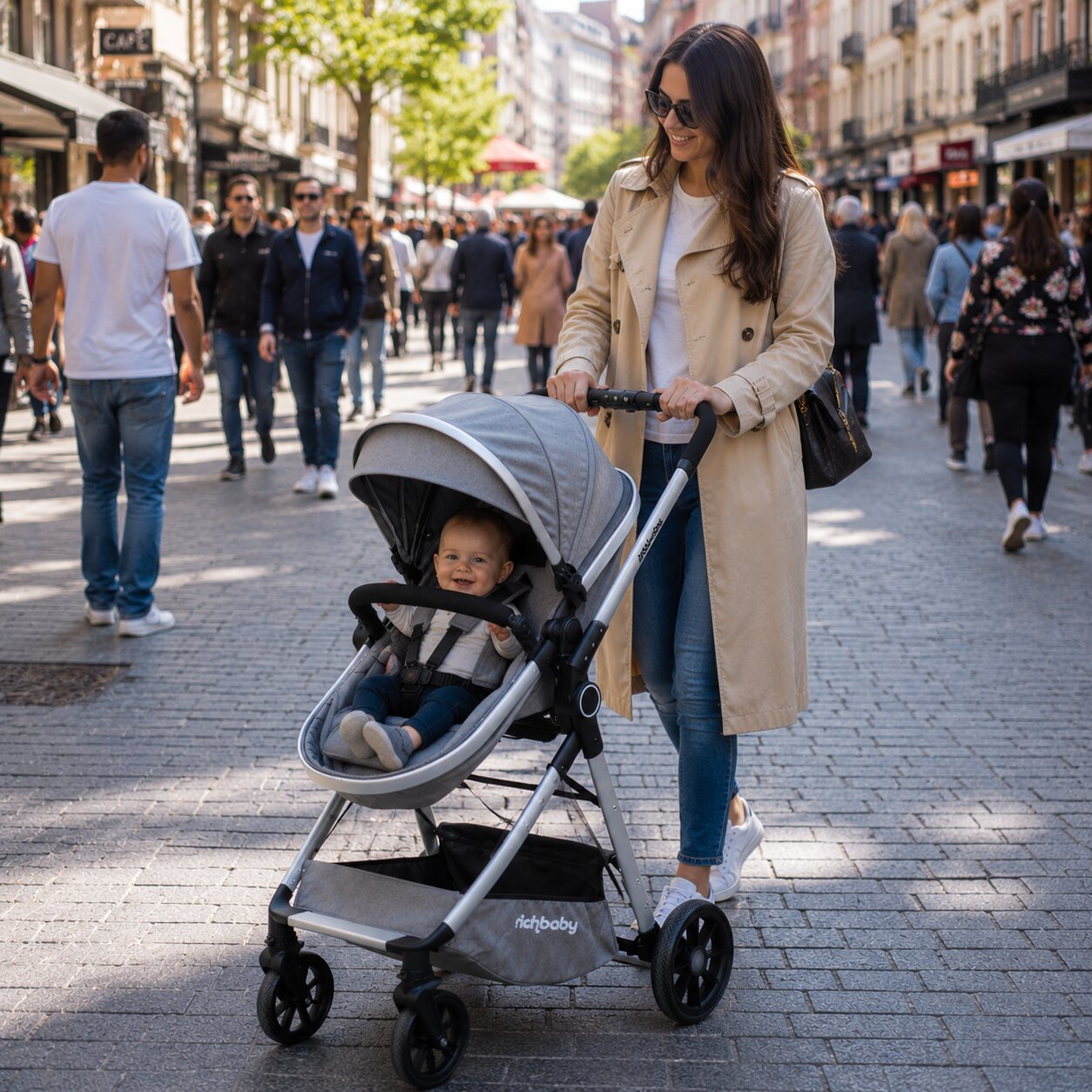 Poussette convertible en mode siege, maman promenant son bebe souriant sur des paves en centre-ville - Choupinoo
