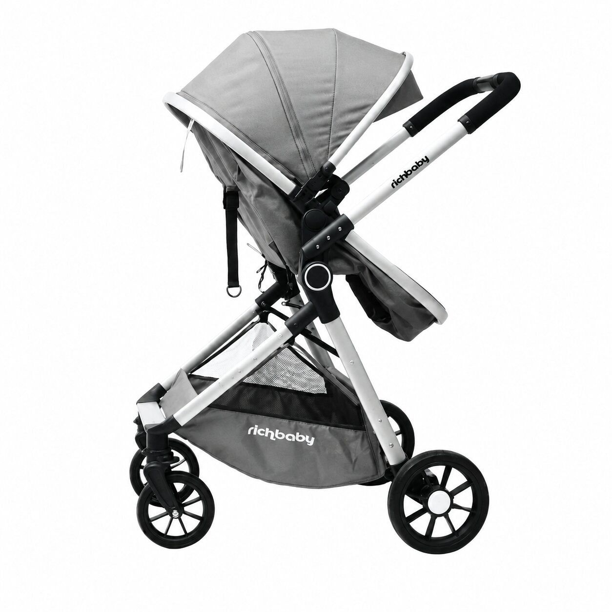 Poussette convertible en mode siege face a la route coloris gris, vue laterale sur fond blanc - Choupinoo