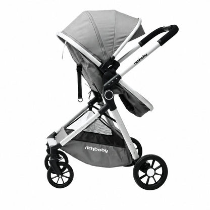 Poussette convertible en mode siege face a la route coloris gris, vue laterale sur fond blanc - Choupinoo