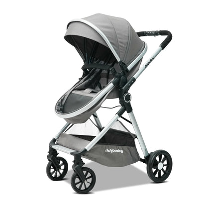 Poussette convertible en mode siege position haute coloris gris, vue trois quarts avant sur fond blanc - Choupinoo