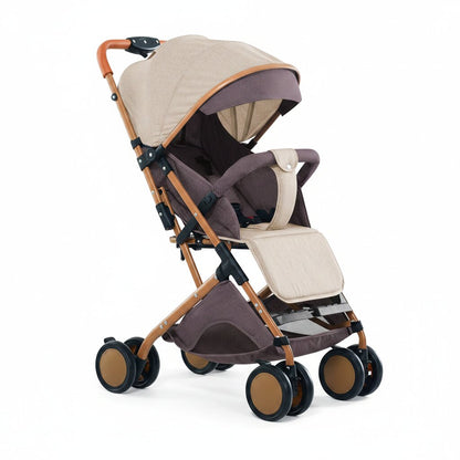 Poussette légère vacances coloris beige et mauve fond blanc - Choupinoo