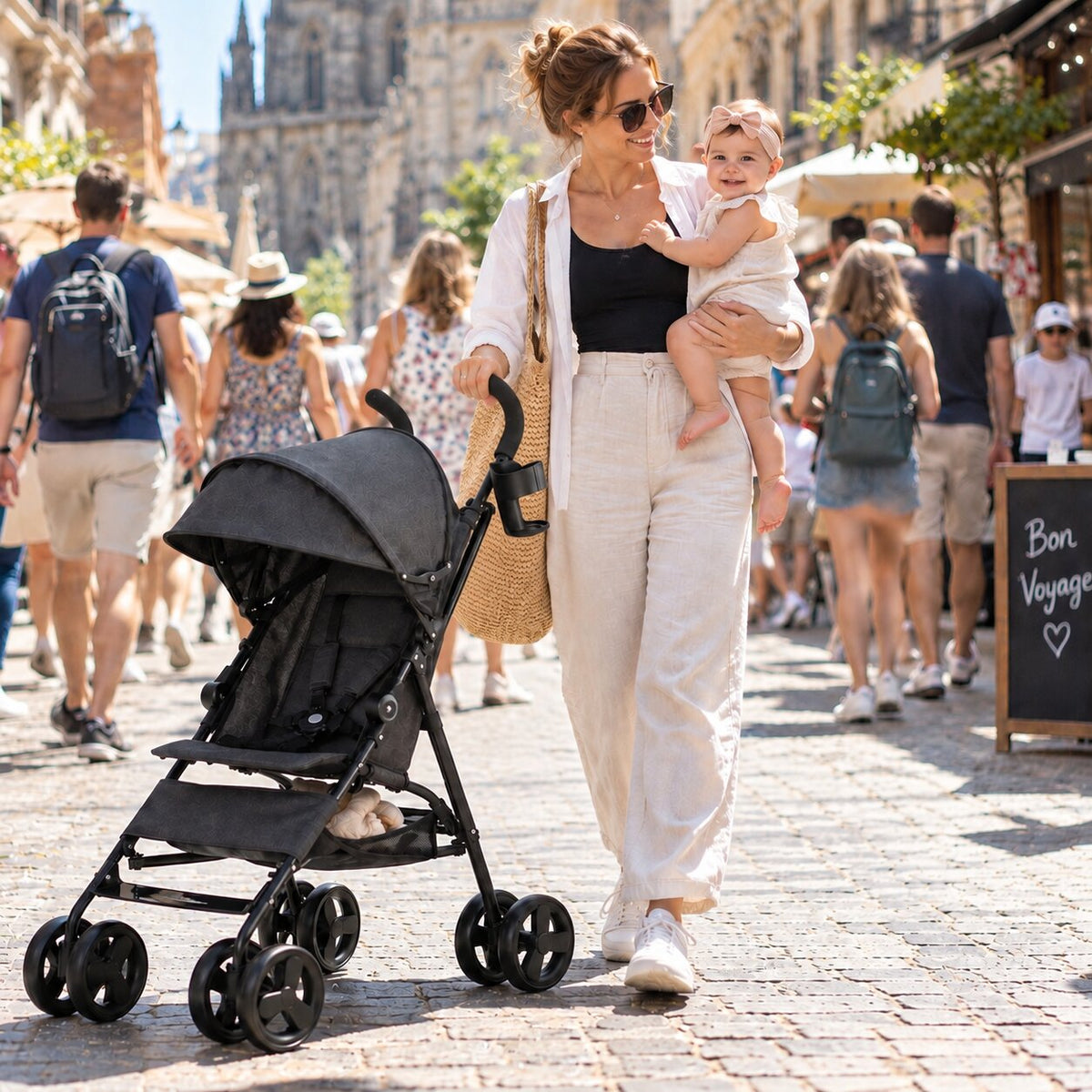 Maman en voyage avec son bébé et une poussette canne légère dans une rue animée