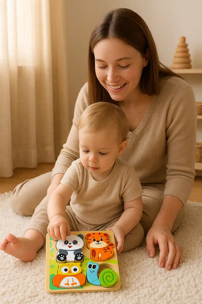 Puzzle Montessori en bois pour enfant 2–3 ans – Éveil sensoriel et complicité avec maman