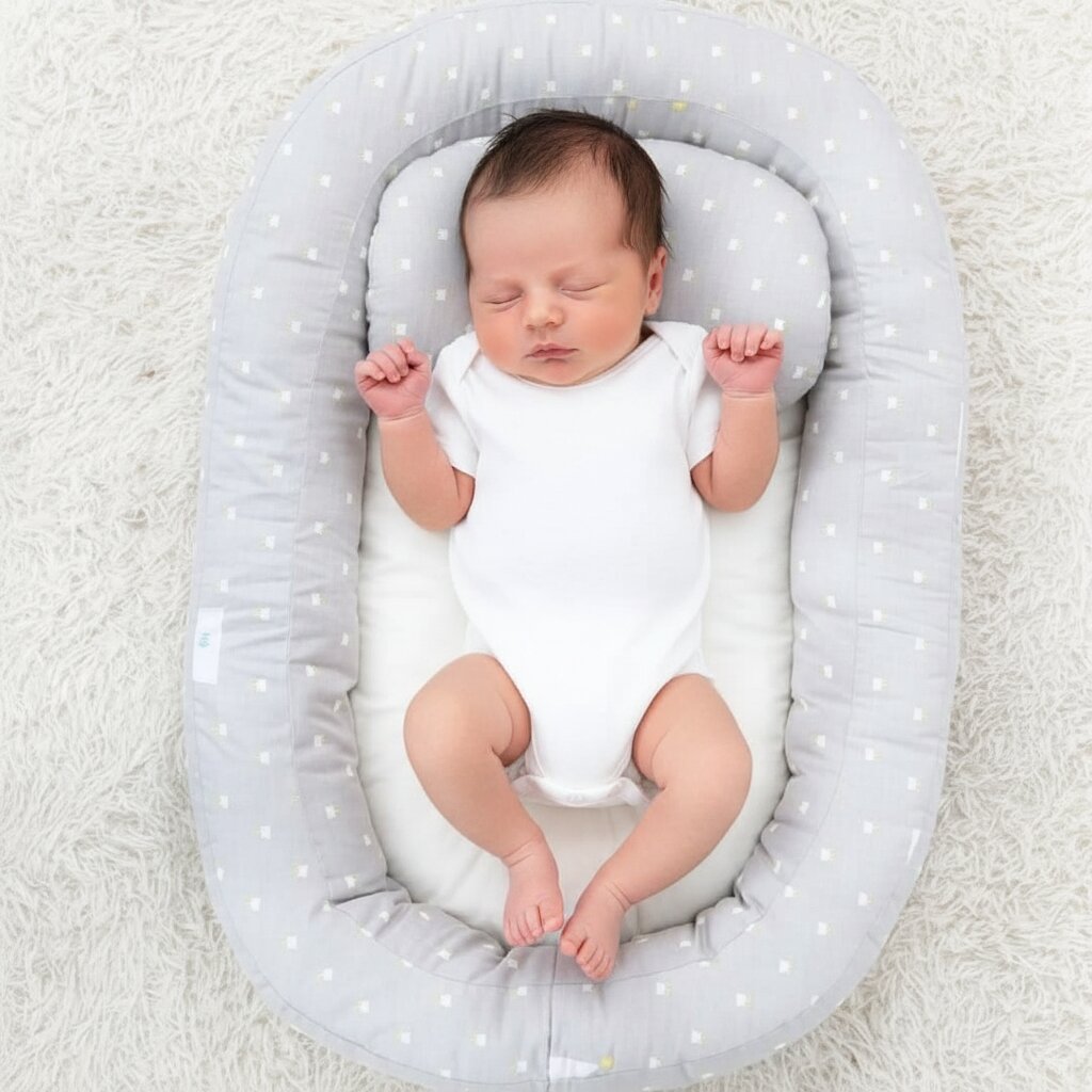 Reducteur de lit bebe gris a pois blancs avec nouveau-ne endormi, vue de dessus - Choupinoo