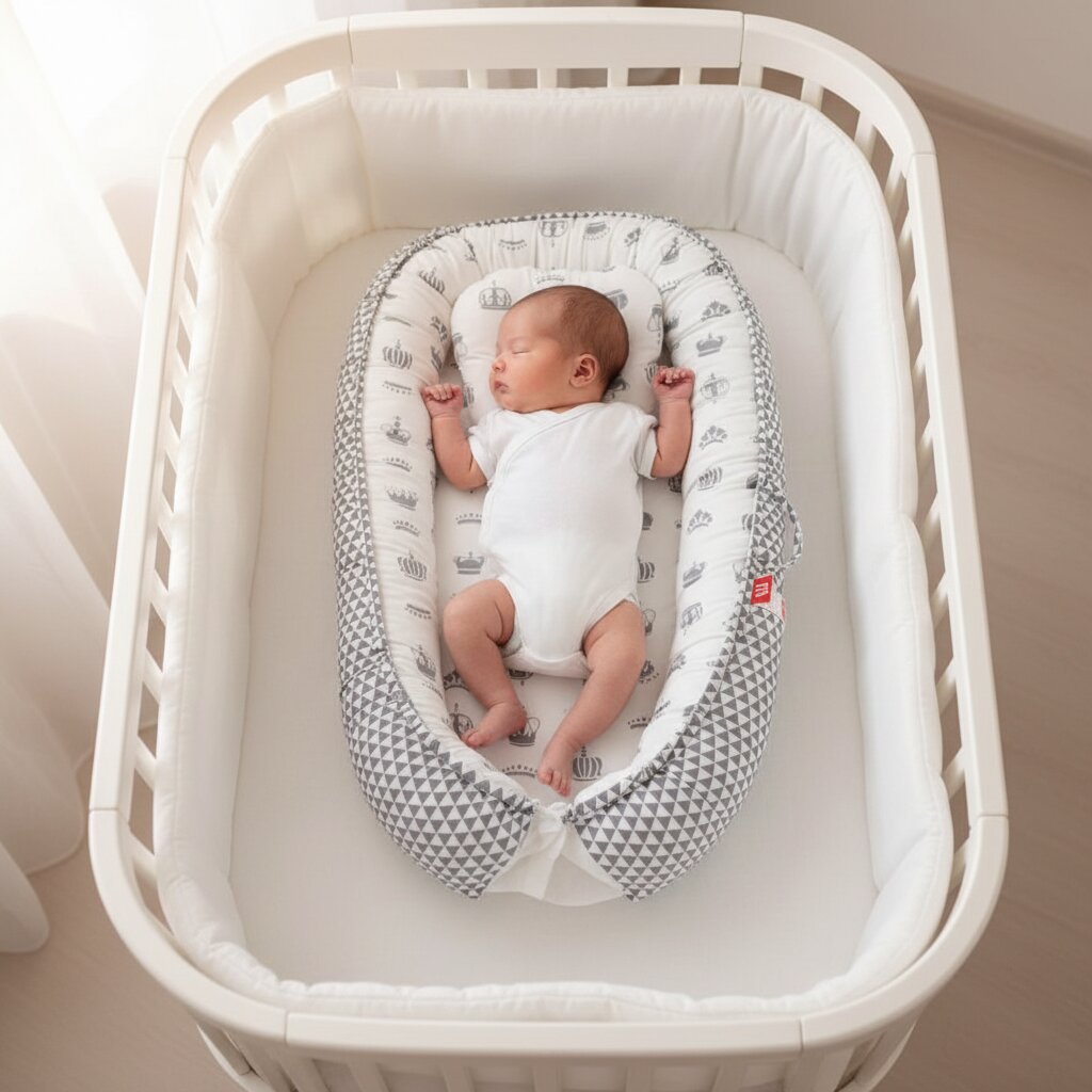 Reducteur de lit bebe cocon gris motif couronnes et triangles avec nouveau-ne endormi dans berceau blanc - Choupinoo
