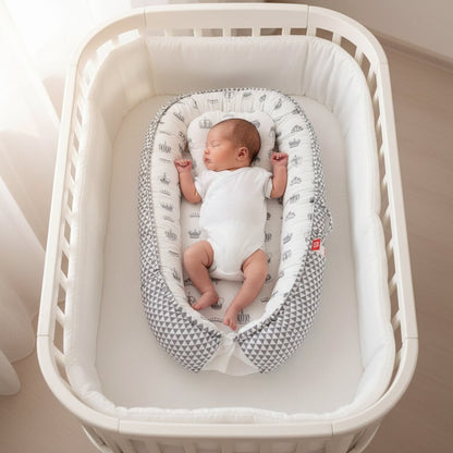 Reducteur de lit bebe cocon gris motif couronnes et triangles avec nouveau-ne endormi dans berceau blanc - Choupinoo