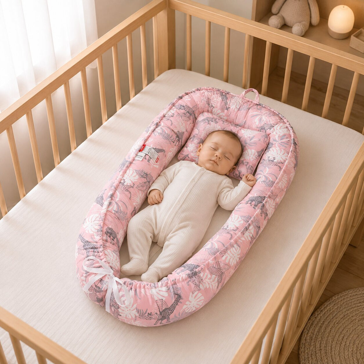 Reducteur de lit bebe cocon motif animaux fond rose, bebe endormi dans un lit en bois - Choupinoo
