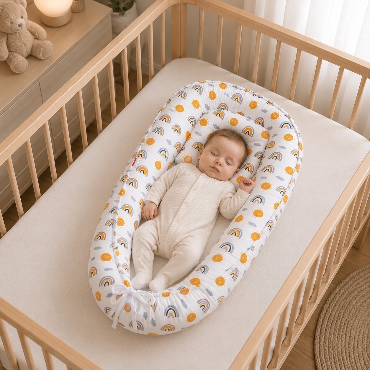 Reducteur de lit bebe cocon motif arc-en-ciel et soleil, bebe endormi dans un lit en bois - Choupinoo
