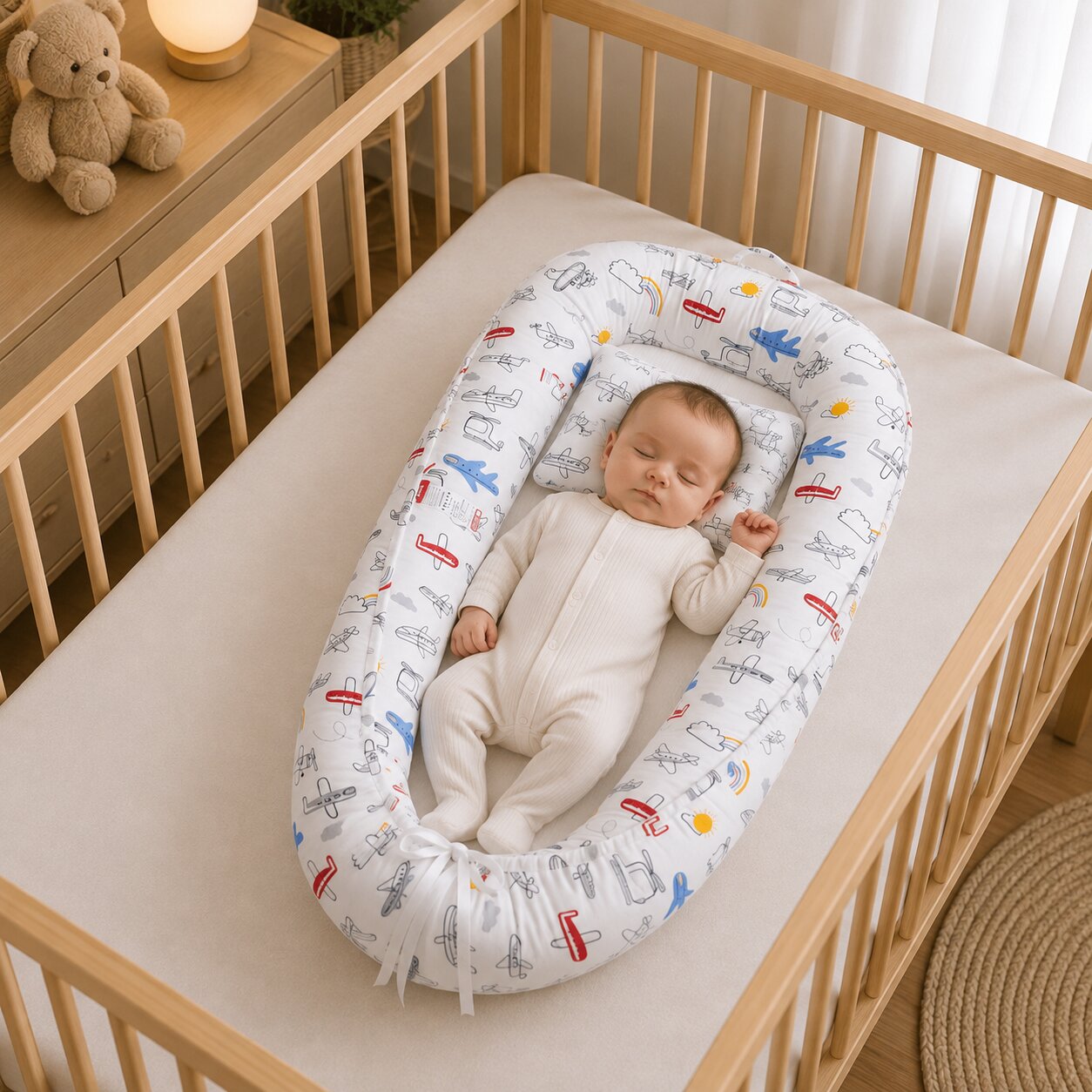 Reducteur de lit bebe cocon motif avions multicolores fond blanc, bebe endormi dans un lit en bois - Choupinoo