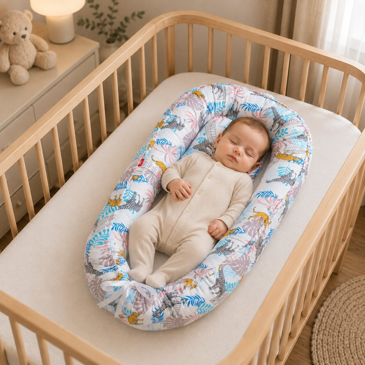 Reducteur de lit bebe cocon motif jungle rose et vert, bebe endormi dans un lit en bois - Choupinoo