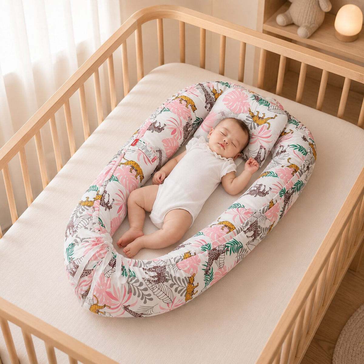 Reducteur de lit bebe cocon motif jungle rose et vert, bebe endormi dans un lit en bois - Choupinoo