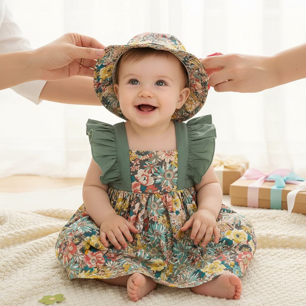 Robe bébé fille 9-12 mois verte fleurie volants chapeau bob - idée cadeau naissance