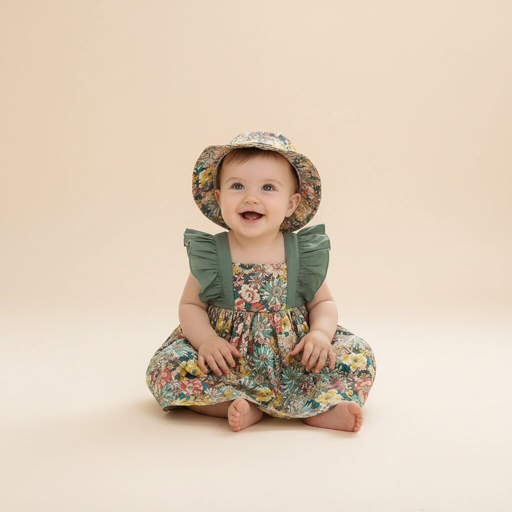 Robe Petite Fille Fleurie à Volants avec Chapeau - Coton doux