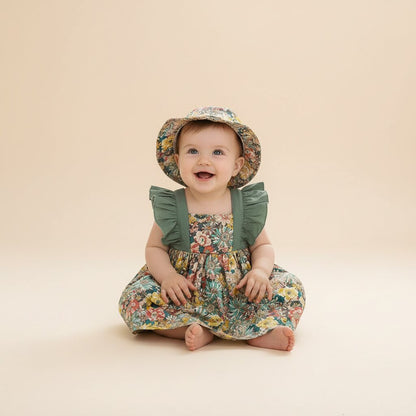 Robe Petite Fille Fleurie à Volants avec Chapeau - Coton doux