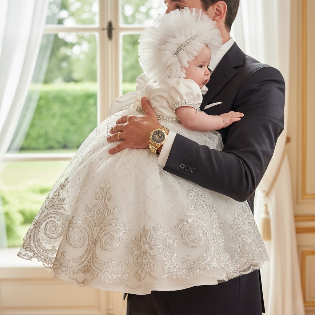 Robe Baptême Bébé – Broderies Baroques & Tulle Scintillant - Choupinoo