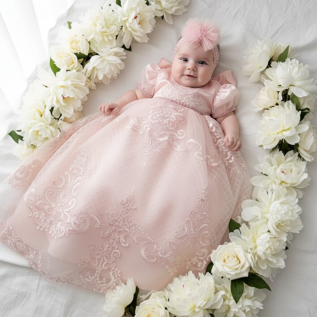 Robe Baptême Bébé – Broderies Baroques & Tulle Scintillant - Choupinoo