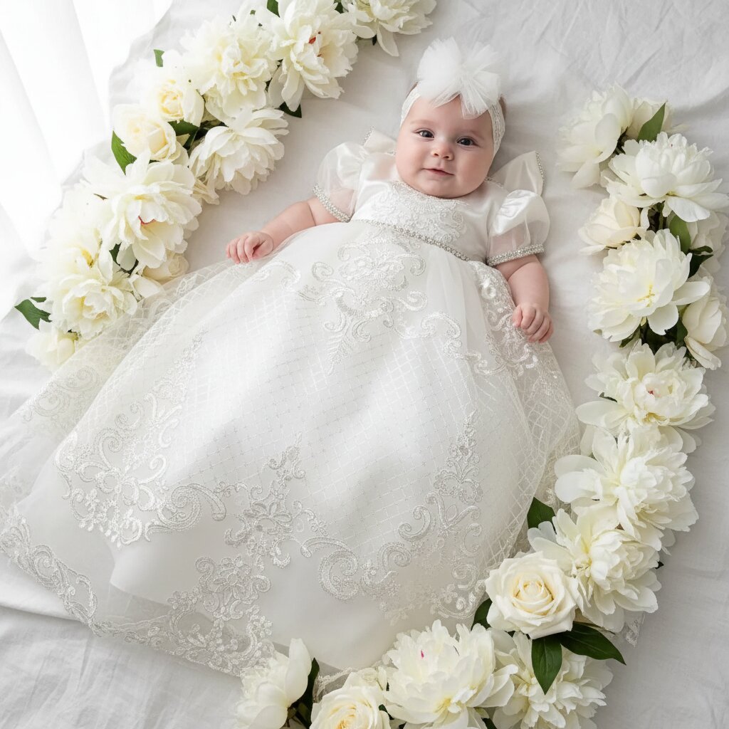 Robe Baptême Bébé – Broderies Baroques & Tulle Scintillant - Choupinoo