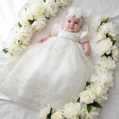 Robe Baptême Bébé – Broderies Baroques & Tulle Scintillant - Choupinoo