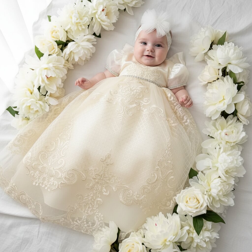 Robe Baptême Bébé – Broderies Baroques & Tulle Scintillant - Choupinoo