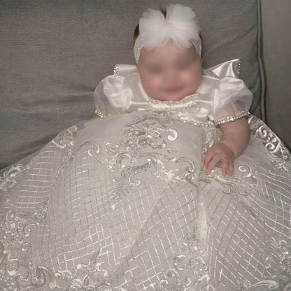 Robe Baptême Bébé – Broderies Baroques & Tulle Scintillant - Choupinoo