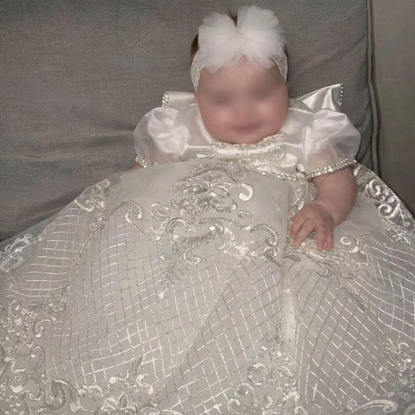 Robe Baptême Bébé – Broderies Baroques & Tulle Scintillant - Choupinoo