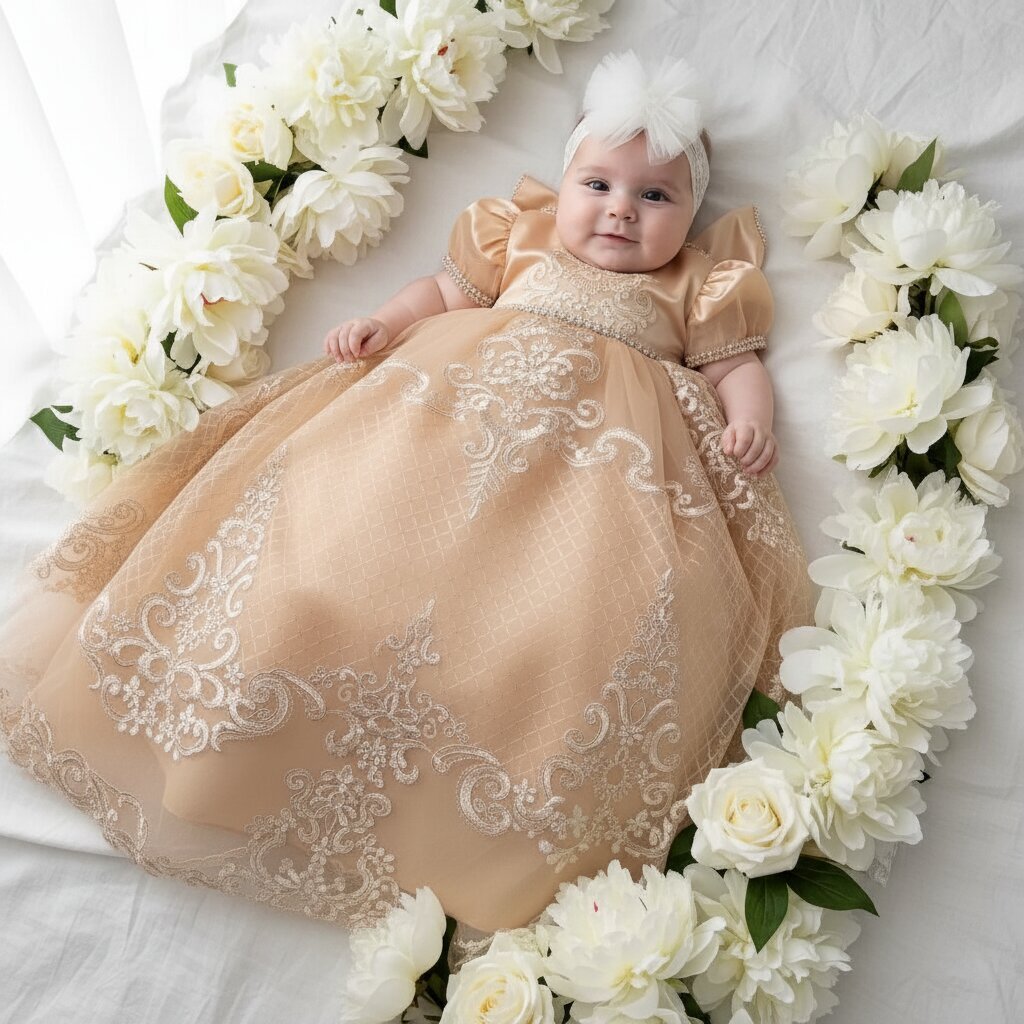 Robe Baptême Bébé – Broderies Baroques & Tulle Scintillant - Choupinoo