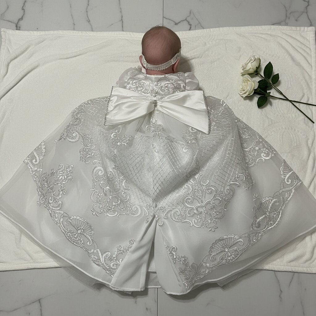 Robe Baptême Bébé – Broderies Baroques & Tulle Scintillant - Choupinoo