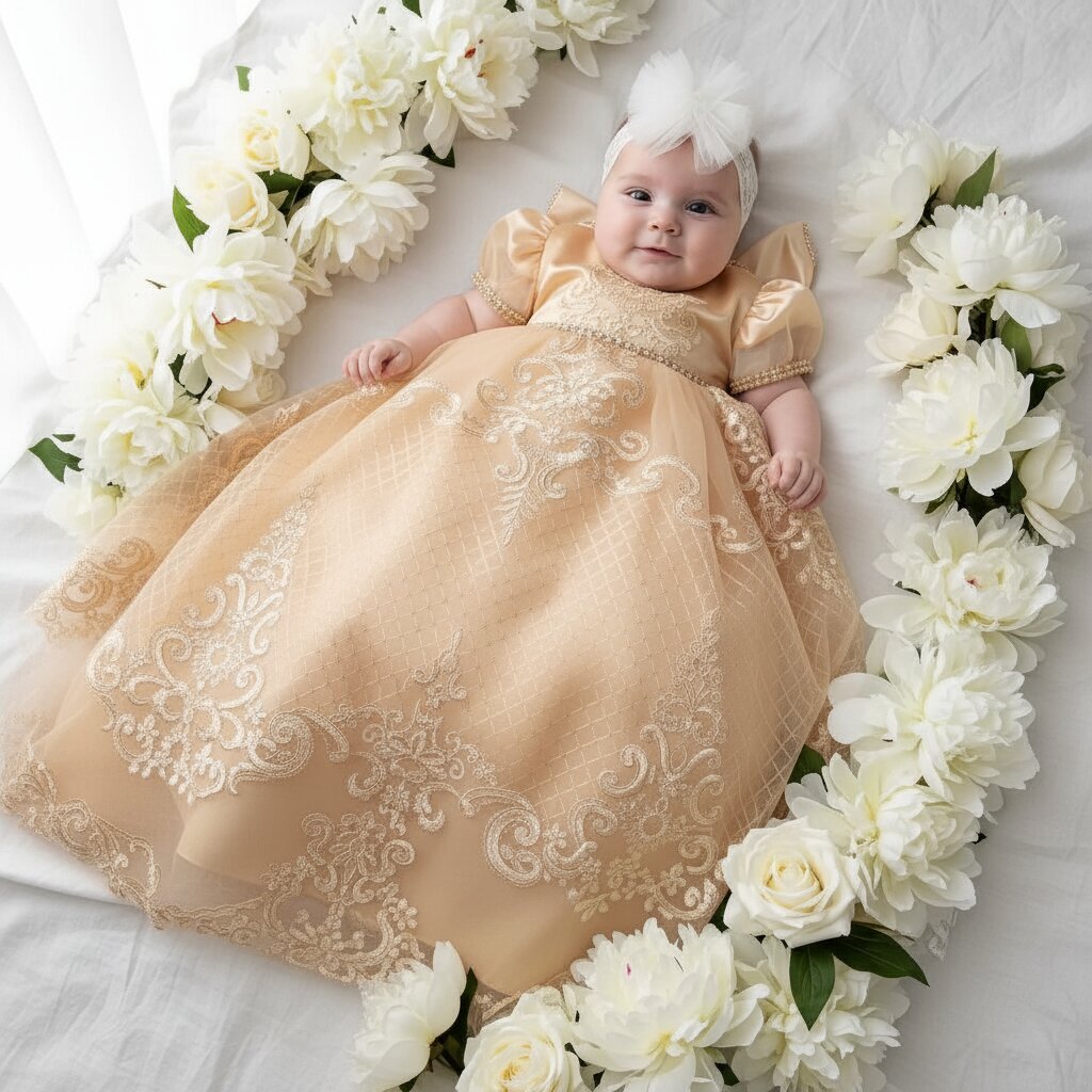 Robe Baptême Bébé – Broderies Baroques & Tulle Scintillant - Choupinoo