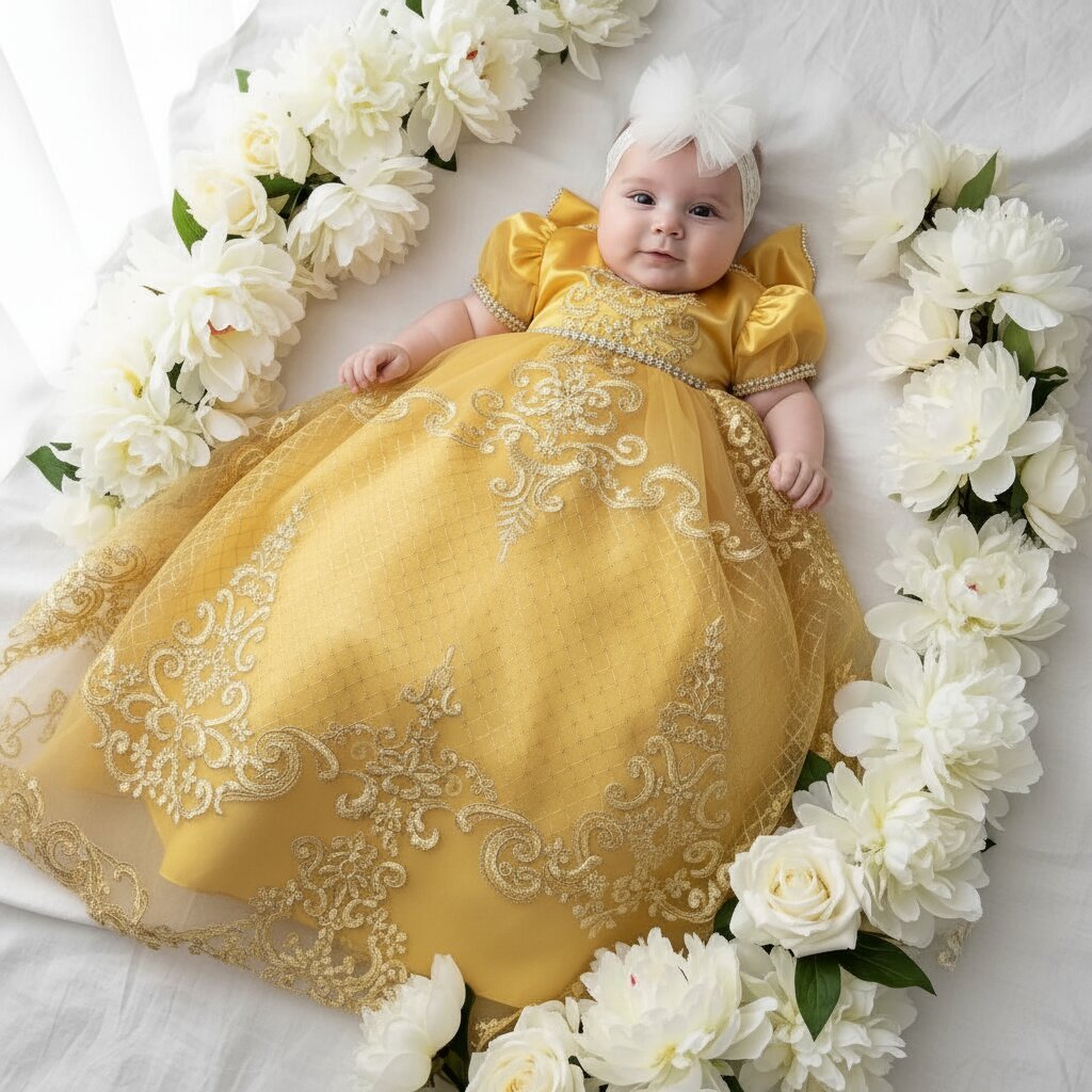 Robe Baptême Bébé – Broderies Baroques & Tulle Scintillant - Choupinoo
