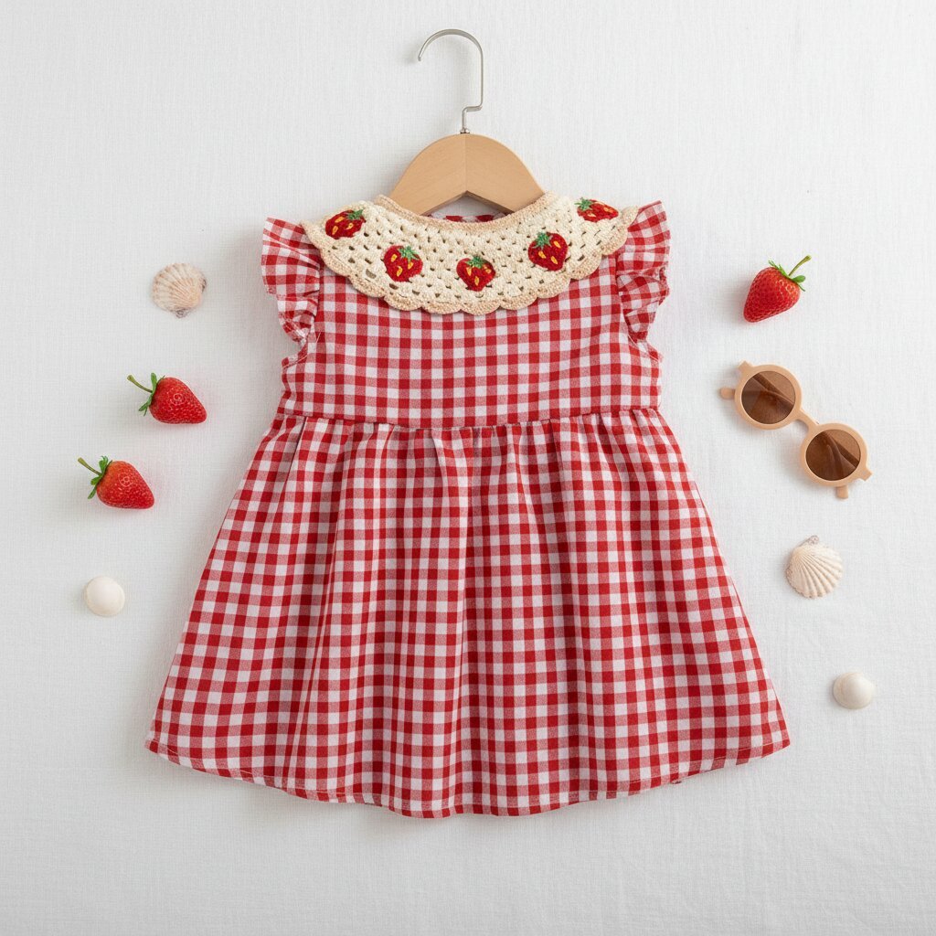 Robe bebe fille été rouge – Motif fraises & carreaux - Choupinoo