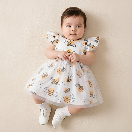 Robe Fille Bébé Motif Abeilles Cartoon – Tulle Doux Printemps Été - Choupinoo