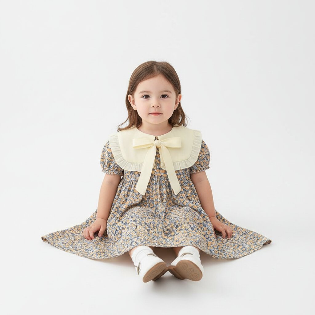 Robe Fille Été Fleurie – Col Berthe Blanc & Nœud Ruban - Choupinoo