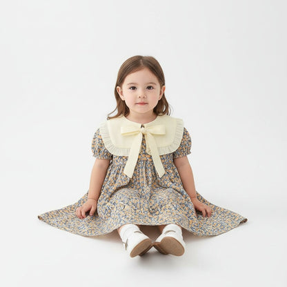 Robe Fille Été Fleurie – Col Berthe Blanc & Nœud Ruban - Choupinoo