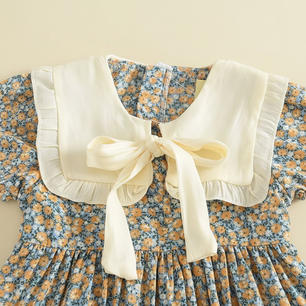 Robe Fille Été Fleurie – Col Berthe Blanc & Nœud Ruban - Choupinoo