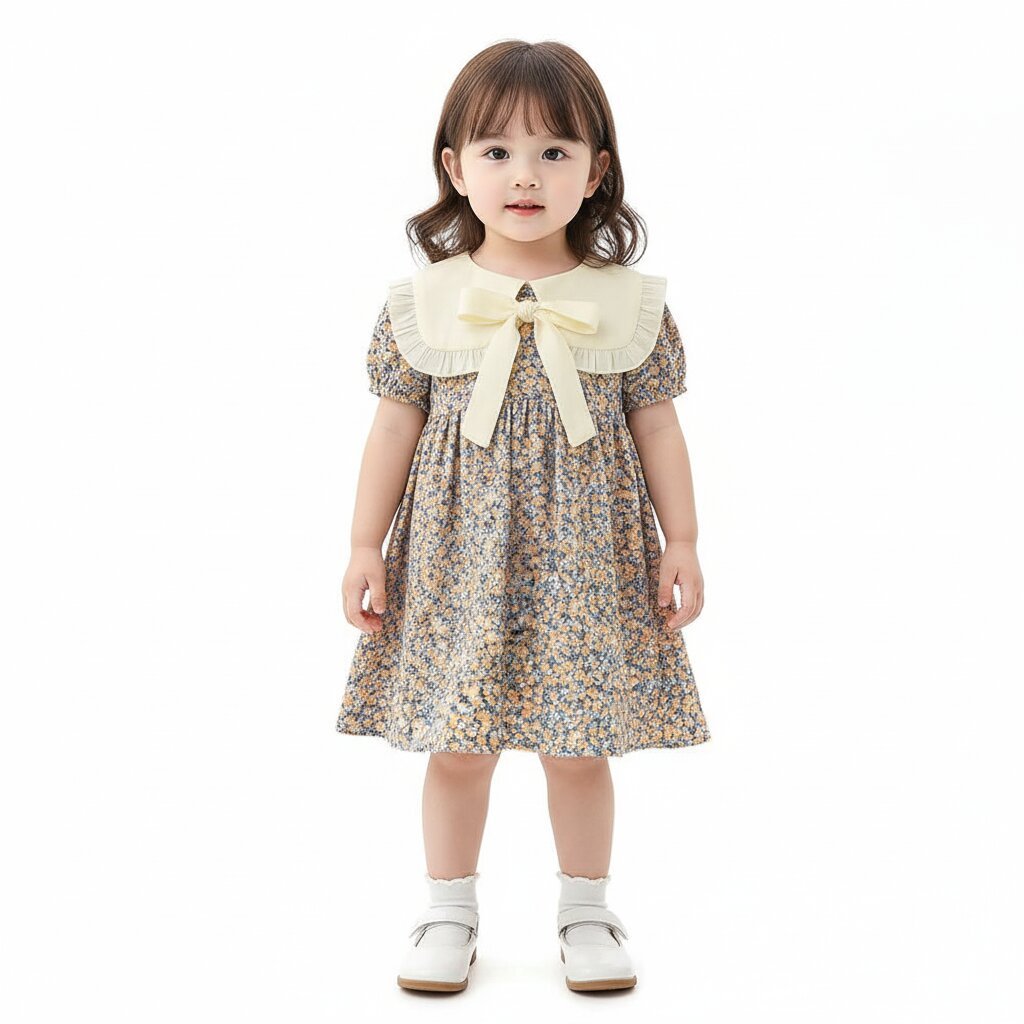 Robe Fille Été Fleurie – Col Berthe Blanc & Nœud Ruban - Choupinoo