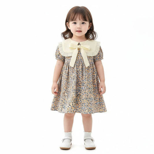 Robe Fille Été Fleurie – Col Berthe Blanc & Nœud Ruban - Choupinoo