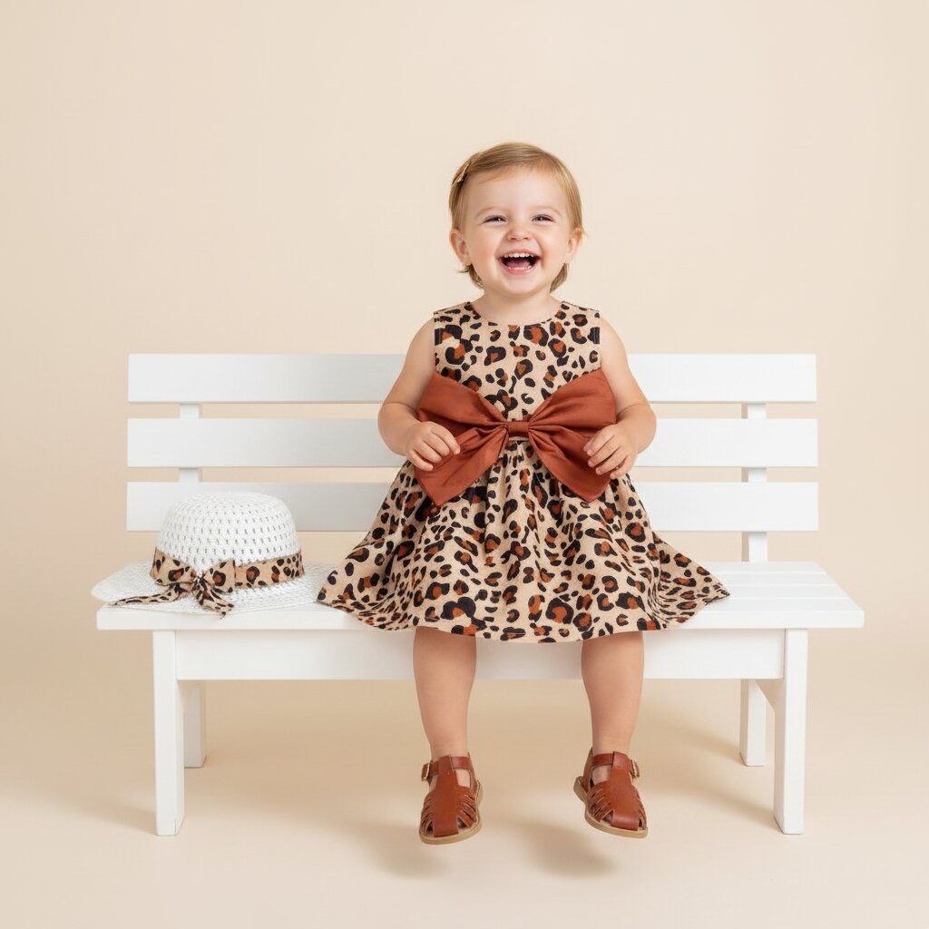 Robe Fille Été — Imprimé Léopard, Bretelles & Nœud | 0 - 24 Mois - Choupinoo