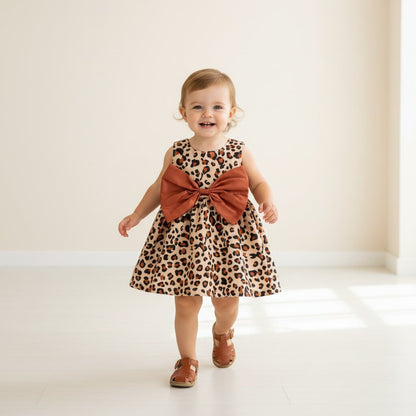 Robe Fille Été — Imprimé Léopard, Bretelles & Nœud | 0 - 24 Mois - Choupinoo