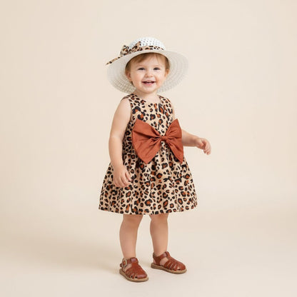 Robe Fille Été — Imprimé Léopard, Bretelles & Nœud | 0 - 24 Mois - Choupinoo
