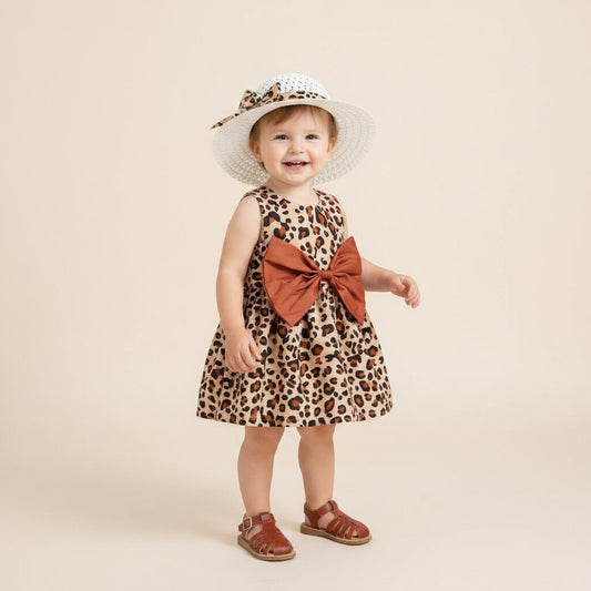Robe Fille Été — Imprimé Léopard, Bretelles & Nœud | 0 - 24 Mois - Choupinoo