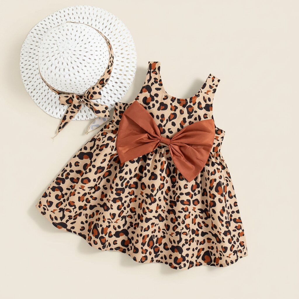 Robe Fille Été — Imprimé Léopard, Bretelles & Nœud | 0 - 24 Mois - Choupinoo