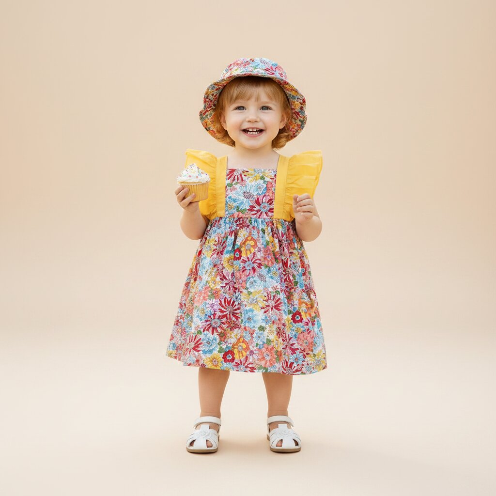 Robe Petite Fille Fleurie à Volants avec Chapeau - Coton doux