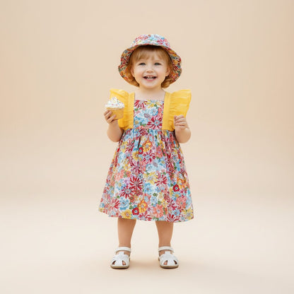 Robe Petite Fille Fleurie à Volants avec Chapeau - Coton doux