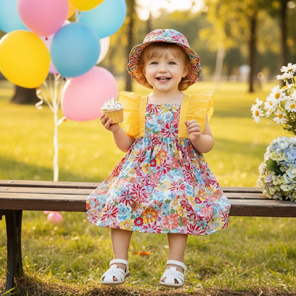 Robe Petite Fille Fleurie à Volants avec Chapeau - Coton doux - Choupinoo
