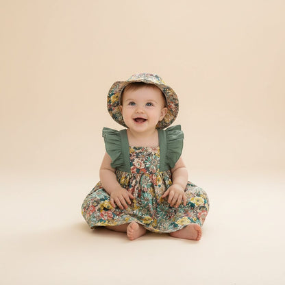 Robe Petite Fille Fleurie à Volants avec Chapeau - Coton doux - Choupinoo