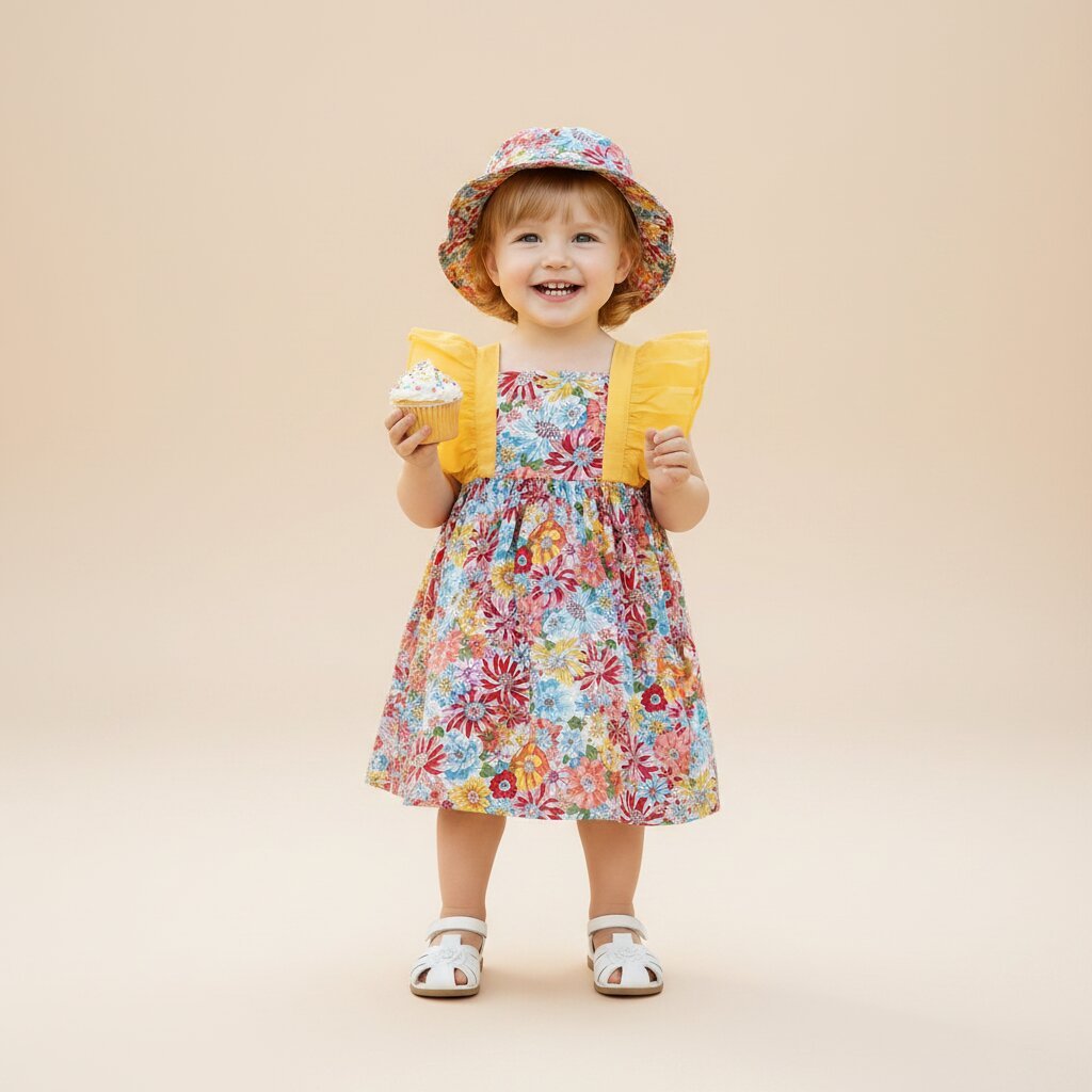 Robe Petite Fille Fleurie à Volants avec Chapeau - Coton doux - Choupinoo