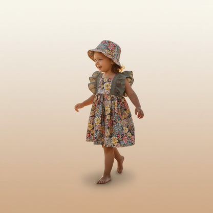 Robe Petite Fille Fleurie à Volants avec Chapeau - Coton doux - Choupinoo