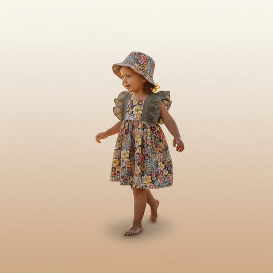 Robe Petite Fille Fleurie à Volants avec Chapeau - Coton doux - Choupinoo
